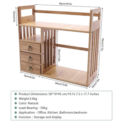 Bamboo Desktop Bookshelf with 3 Drawers – Organiser for Office and Home - WoodArtSupply