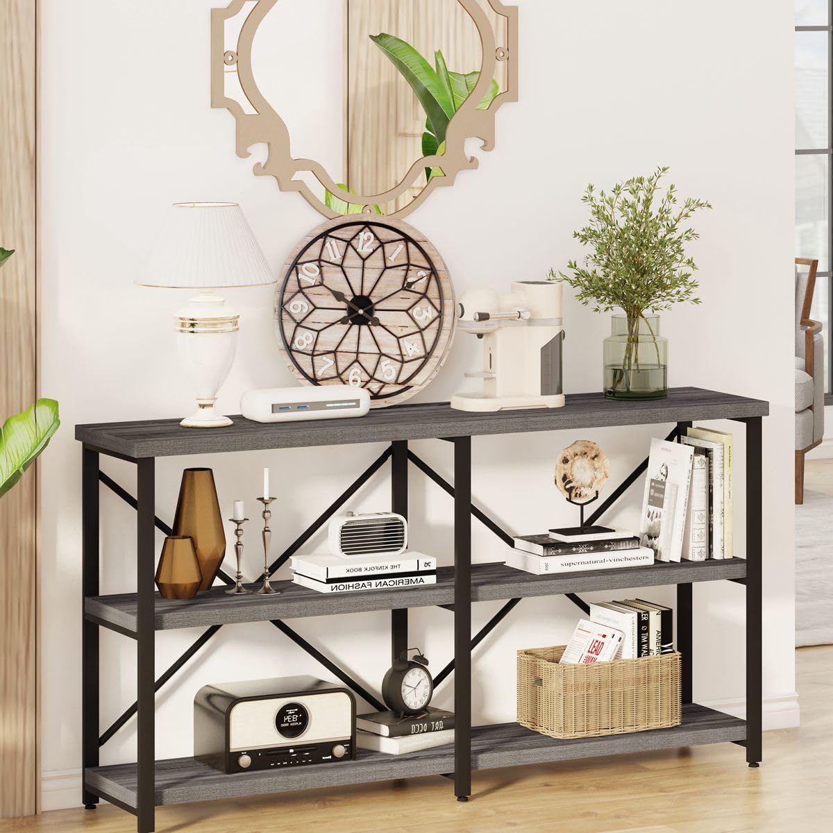 BON AUGURE 55 Inch Console Tables for Entryway, Industrial Sofa Tables for Living Room, 3 Tier Behind Couch Table, Modern Entryway Tables for Foyer (Dark Grey Oak) BON AUGURE