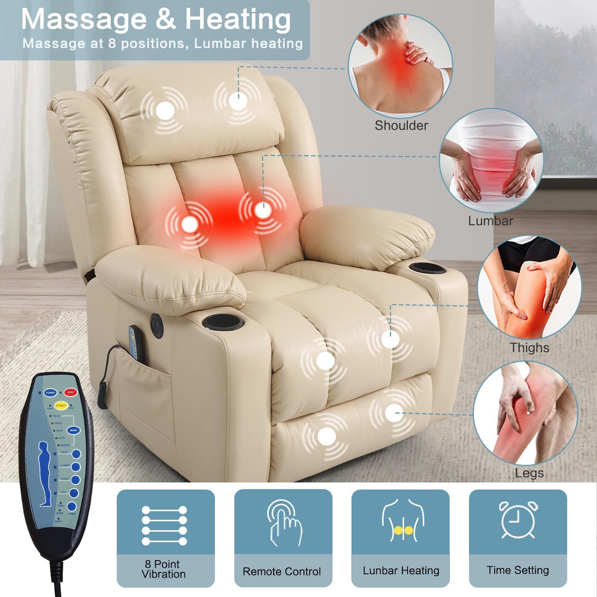 PARKOL Power Lift Recliner Chair for Elderly Breathable Leather Recliner Chair with Massage and Heat,2 Cup Holders,Electric Stand Assist,USB Ports,Gifts for Family (Beige) PARKOL