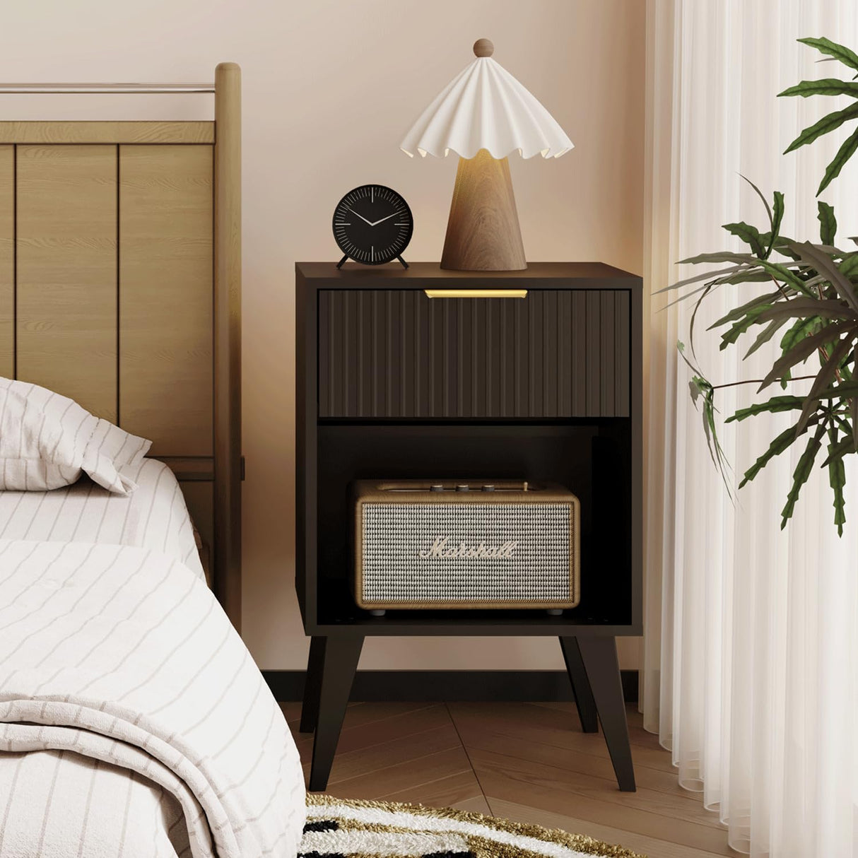 YAUKOMEL Fluted Night Stand with Opening Storage,Mid Century Bedside Table with Drawer,Modern Nightstand with Solid Wood Legs,End Table Side Table for Living Room,Bedroom,Black CTG56BK YAUKOMEL