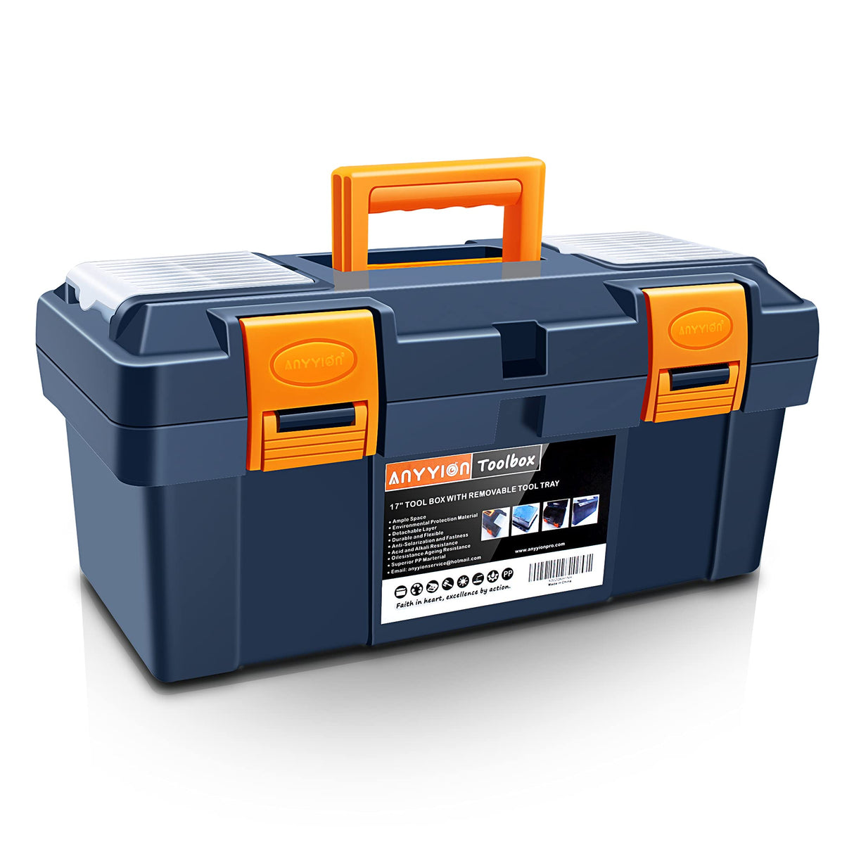 Anyyion 16.5-inch Tool Box with Removable Tray, Small Parts Box On The Lid is Removable, Tray Can be Removed and Combined at Will (Blue) Anyyion
