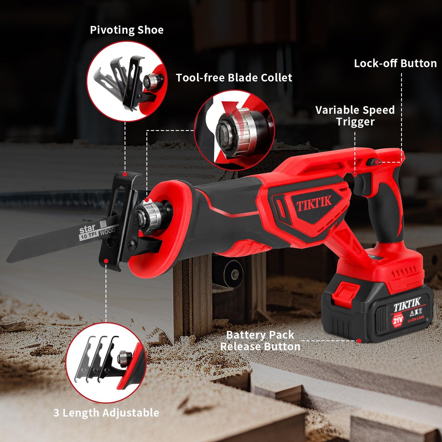 TIKTIK Cordless Reciprocating Saw,0-3500SPM Reciprocating Saw with 2 x 4.0Ah Battery,12 Saw Blades,Tool-Free Blade Change, 21V Brushless Power Reciprocating Saws for Wood/Metal/PVC - WoodArtSupply