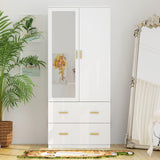 FAMAPY Armoire Wardrobe with Mirror & 2 Drawers, 2-Door Wardrobe with Shelves & Hanging Rod, Gold Metal Handles, for Cloakroom Bedroom White (31.5”W x 18.9”D x 72”H) FAMAPY