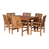 Walker Edison 6 Person Outdoor Wood Chevron Patio Furniture Dining Set Table Chairs All Weather Backyard Conversation Garden Poolside Balcony, 7 Piece, Brown Walker Edison