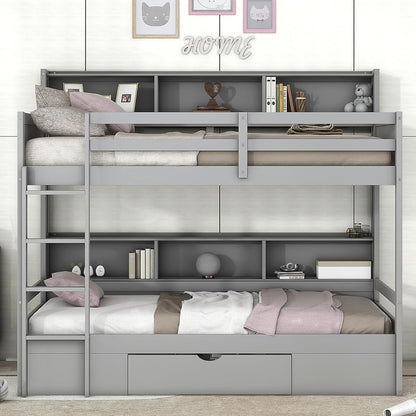 Harper & Bright Designs Twin Over Twin Bunk Bed with Storage Drawer, Solid Wood Bunk Bed with Built-in Shelves Beside Both Upper and Down Bed, for Kids Teens Adults (Gray)