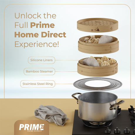 Prime Home Direct Bamboo Steamer Basket 10-inch | 2-Tier Steamer for Cooking | 50 Liners, Chopsticks, Sauce Dish | Dumpling Steamer, Food Steamer Baskets for Cooking - Rice & Vegetable Steamer Pot Prime Home Direct