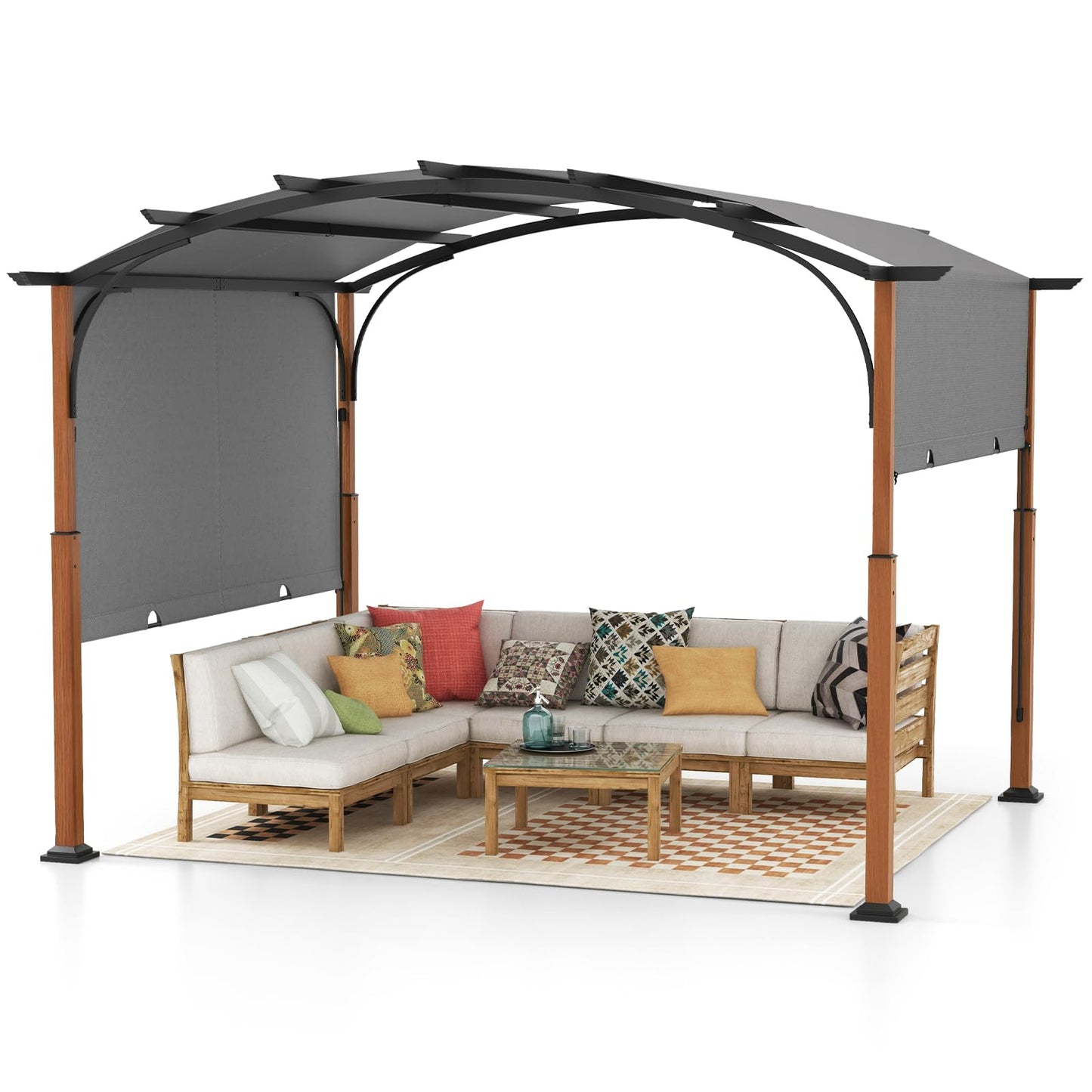 Tangkula 10x12Ft Pergola, Arched Patio Pergola with Retractable Sun Shade Canopy, Extra Large Patio Shelter Pavilion, Outdoor Pergola for Deck, Porch, Garden, Yard (Grey)