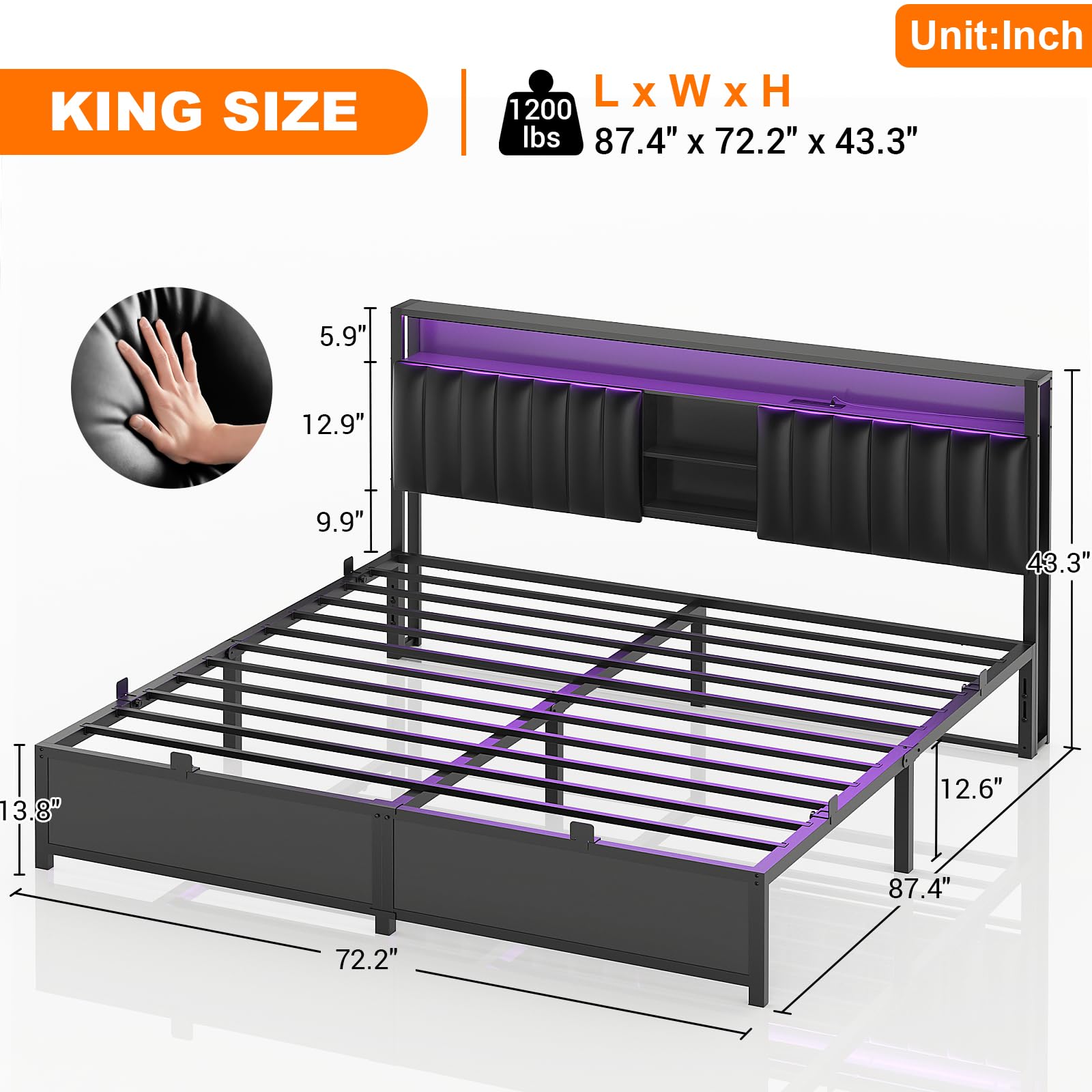 Aheaplus King Size Bed Frame with Charging Station & LED Lights - Upholstered Platform Bed with Storage and Metal Slat Support, Noise-Free Design in Black Oak - WoodArtSupply