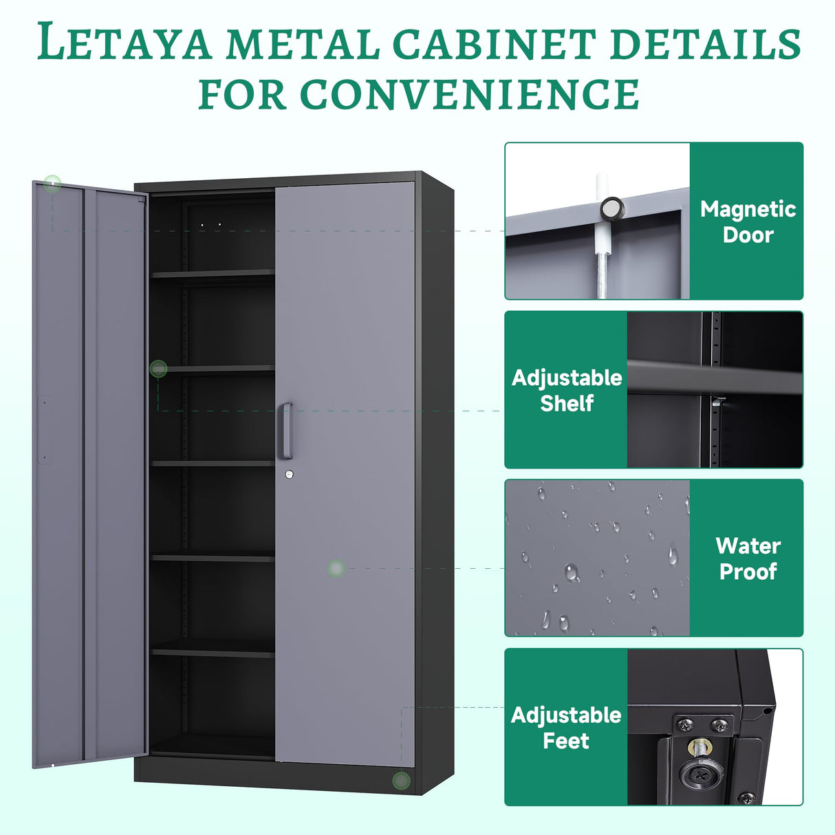 Letaya Metal Storage Cabinet with Lock Door and 5 Shelves,6 Tier Steel Garage Tool Cabinet for Home Office Utility Room 72" H X 36" W X18 D (Black gray) Letaya