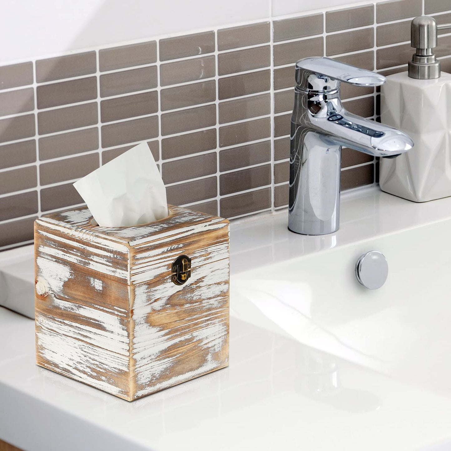 Pitmoly Square Tissue Box Cover, Wood Tissue Box Holder with Lid, Decorative Tissue Dispenser Organizer for Bathroom Vanity Countertop, Bedroom Dresser, Night Stand, Desk and Table (Pack of 2)