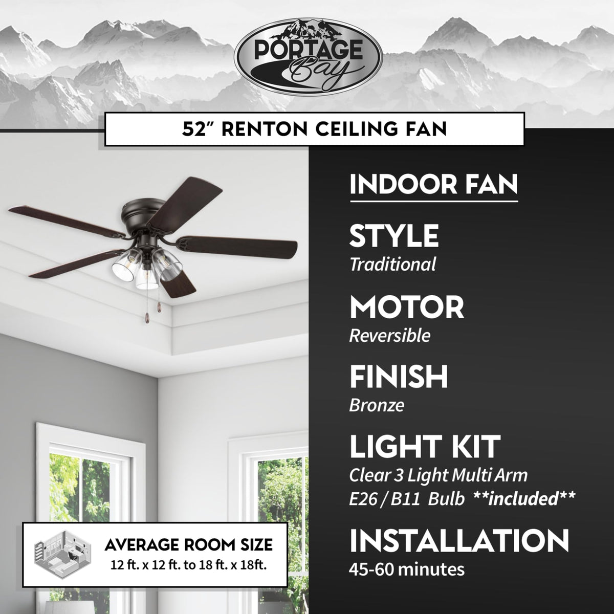 Portage Bay Ceiling Fans 52" Renton Bronze Indoor Fan with Clear 3 Light LED Multi Arm; E26/B11 Bulb and Pull-Chains, Traditional Style, 5 Reversible Barnwood/Dark Chestnut Blades, 51439 Portage Bay