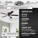 Portage Bay Ceiling Fans 52" Renton Bronze Indoor Fan with Clear 3 Light LED Multi Arm; E26/B11 Bulb and Pull-Chains, Traditional Style, 5 Reversible Barnwood/Dark Chestnut Blades, 51439 Portage Bay