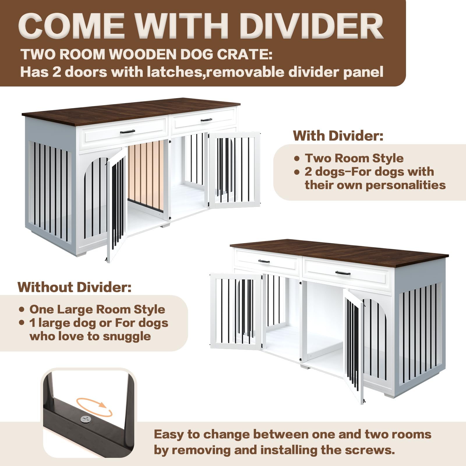 Large Dog Crate Furniture,74.8" Wooden Double Room Dog Crates Indoor Furniture Style with Divider and 2 Drawers,XXL Heavy Duty Dog Kennel Furniture TV Stand Table for 2 Large Dogs,White - WoodArtSupply