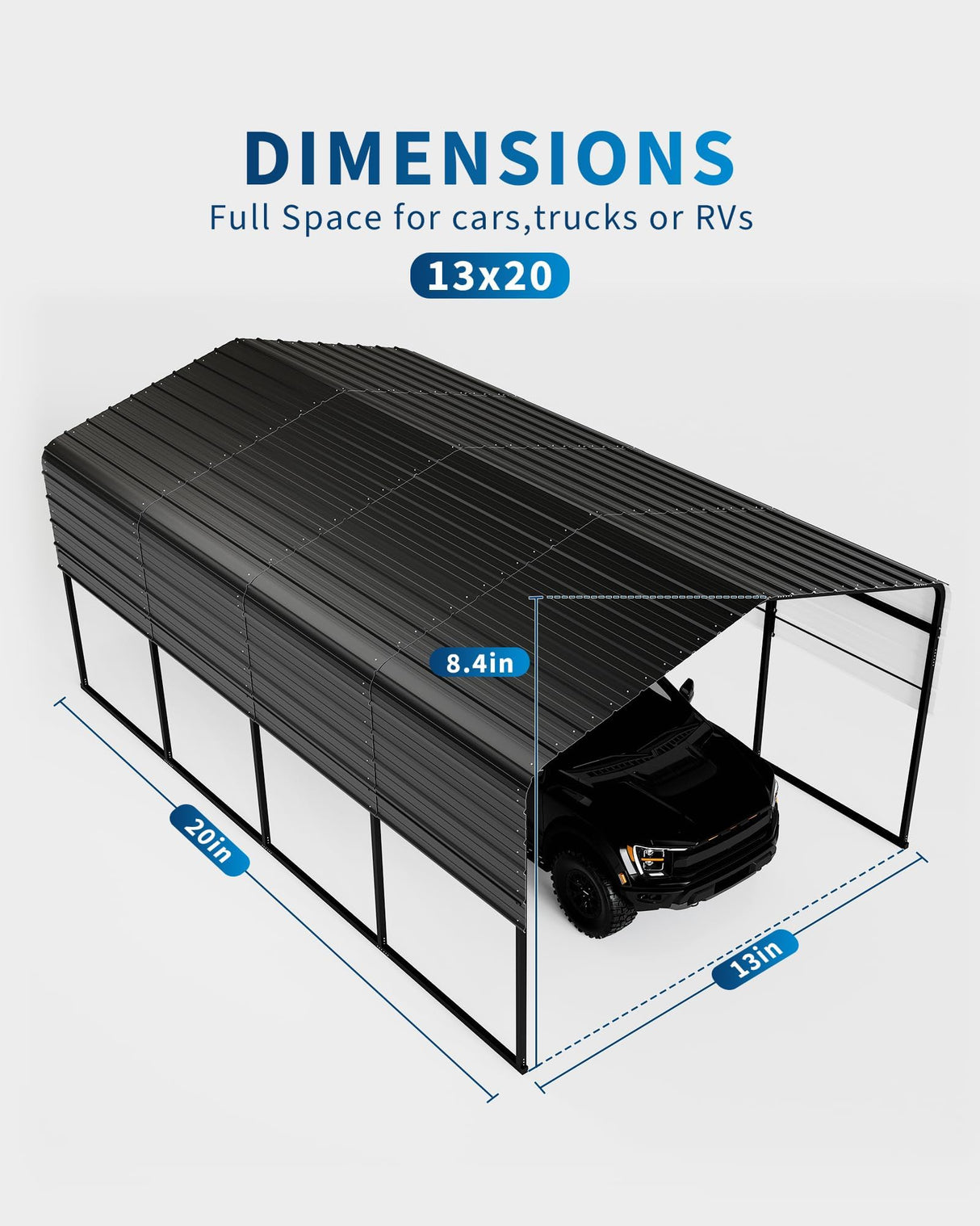 KOKEBREN Metal Carport, Outdoor Car Port Canopy with Reinforced Base and Galvanized Steel Roof, Heavy Duty Garage Car Shelter Shade for SUV, Truck, Boats, 13x20 FT KOKEBREN
