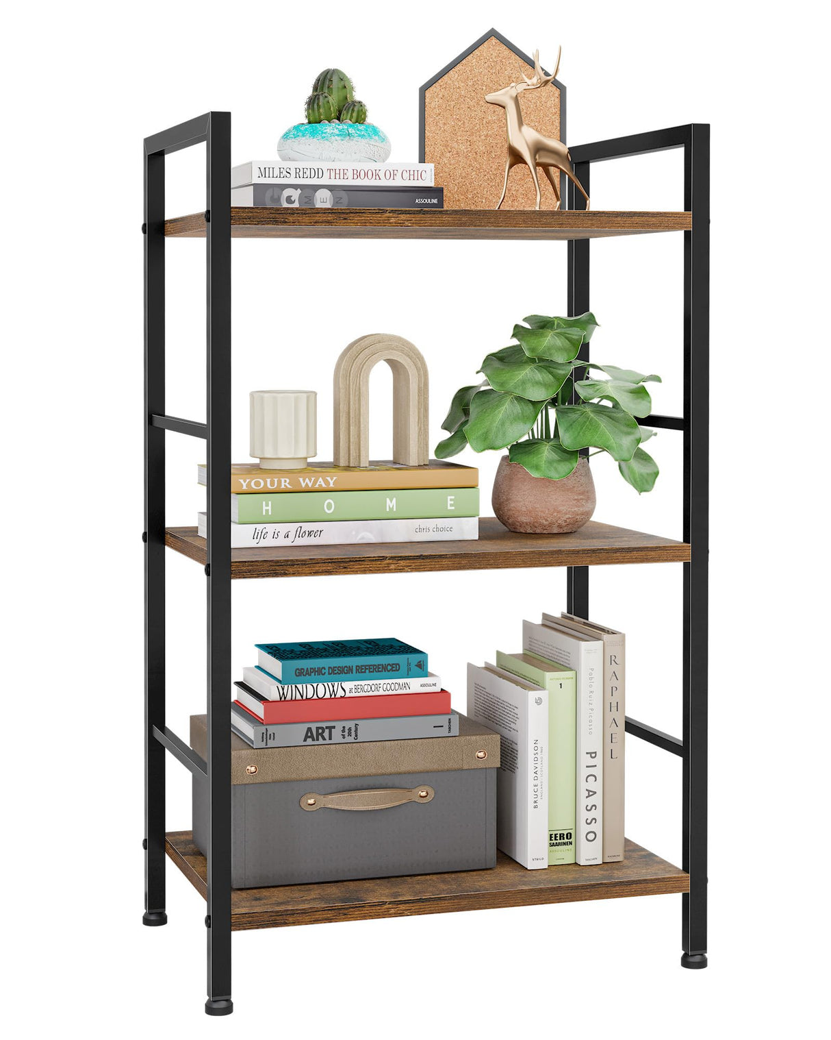 Kitsure 3-Tier Book Shelf - Wood & Metal Bookshelf with Handle & Adjustable Feet, Lightweight Bookcase for Living Room, Bedroom, Kitchen, Office or Dorm (16.5"×11.0"×28.1") Kitsure