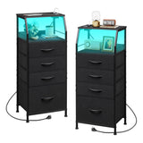 WLIVE Night Stand Set of 2 with Charger Station, Nightstand Sets with LED Light and 4 Storage Drawers, Tall Dressers for Bedroom, Bedside Tables with Fabric Bins, Wood Shelf, Metal Frame, Black WLIVE