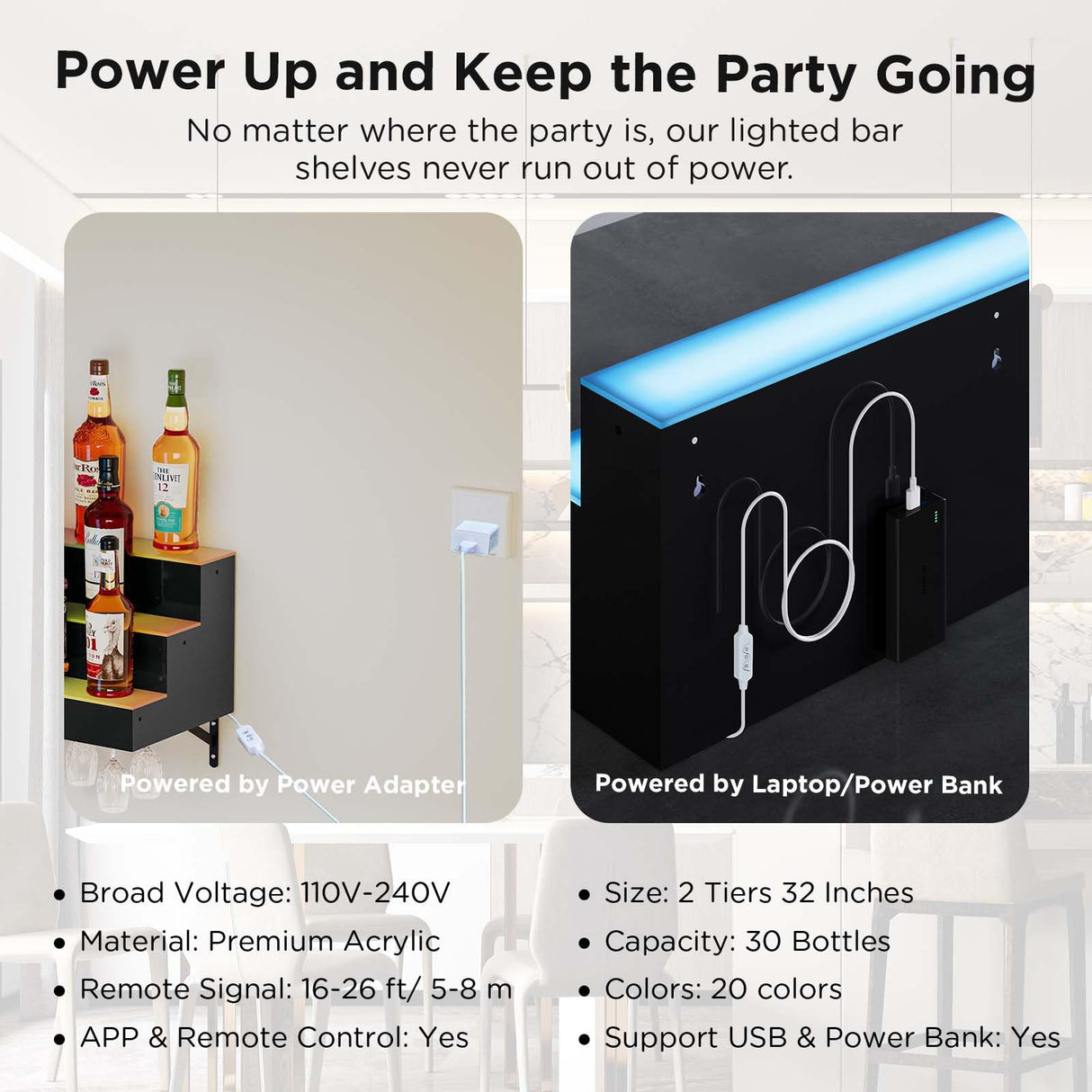 Dethan 2 Tier 32 Inch LED Lighted Liquor Bottle Display Shelf - Wall-Mounted Wine Rack with Multi-Color App & Remote Control, Adjustable Brightness & Sound Modes, Acrylic Bar Shelf for Commercial Club Dethan