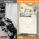 Aheaplus Shoe Cabinet with Flip Doors, Shoes Storage Organizer with Motion Sensor Led Light, Entryway Wood Freestanding Tipping Bucket Shoe Rack with Open Shelves for Closet, Living Room, White Aheaplus