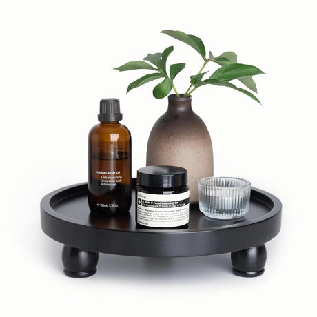 ROSE BLOOM Modern Wood Riser for Display, Farmhouse Pedestal Stand for Bathroom Counter, Kitchen Round Display Tray, Waterproof Organizer for Soap Home Decor (Black) ROSE BLOOM