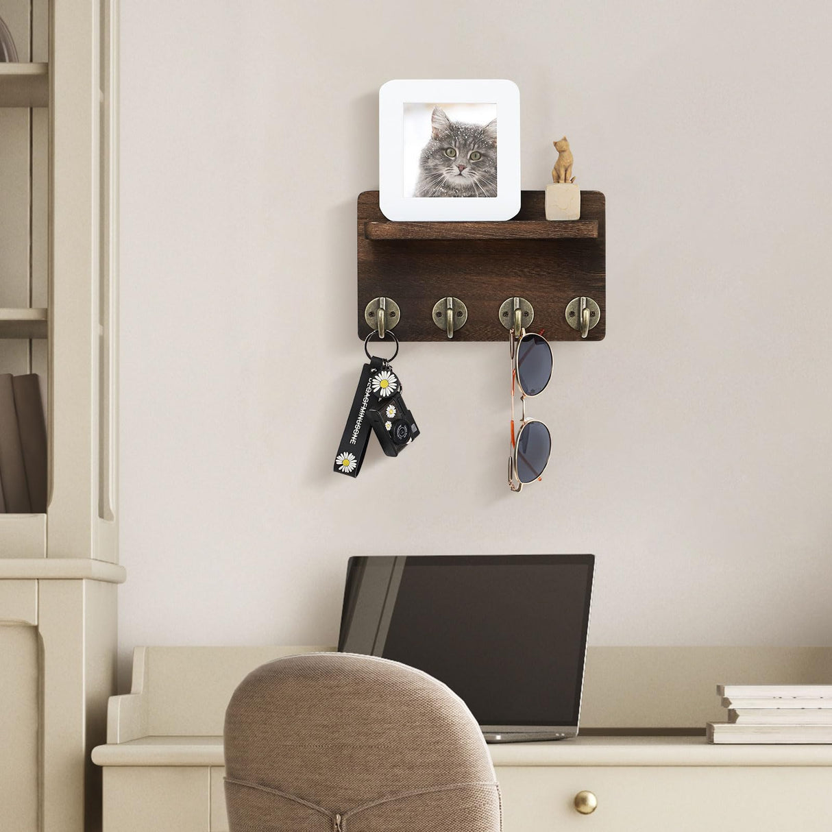 Nekon Key Holder Wall Mount, 8.5 Inch Small Home Decor Wooden Wall Organizer with 4 Hooks and Shelf, Wall Decor for Living Room Entryway Kitchen (Brown) Nekon