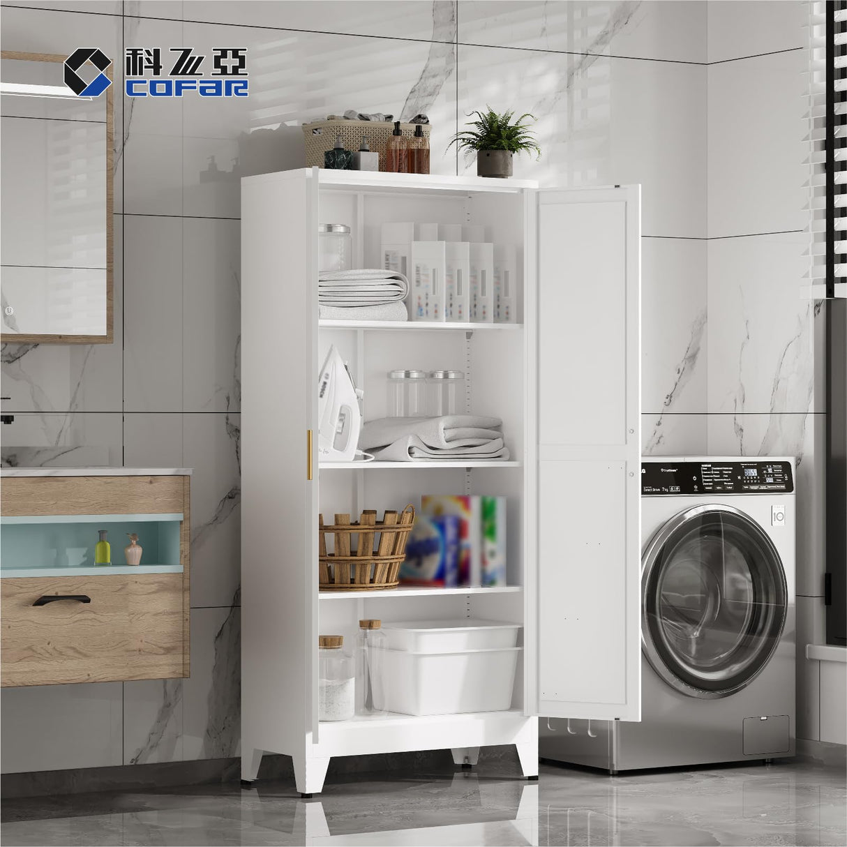 COFaR Metal Storage Cabinet, 61 in Tall Metal Cabinet with 3 Adjustable Shelves and Barn Doors, Farmhouse Accent Cupboard for Garage Kitchen Pantry Office Laundry, White 4 Tiers COFaR