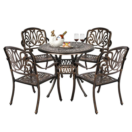 VINGLI 5 Pieces Outdoor Patio Dining Set, Cast Aluminium Patio Furniture Set with 4 Chairs and 1 Umbrella Table for Yard, Garden, Porch and Poolside, Bronze (Round Table and Chairs) VINGLI