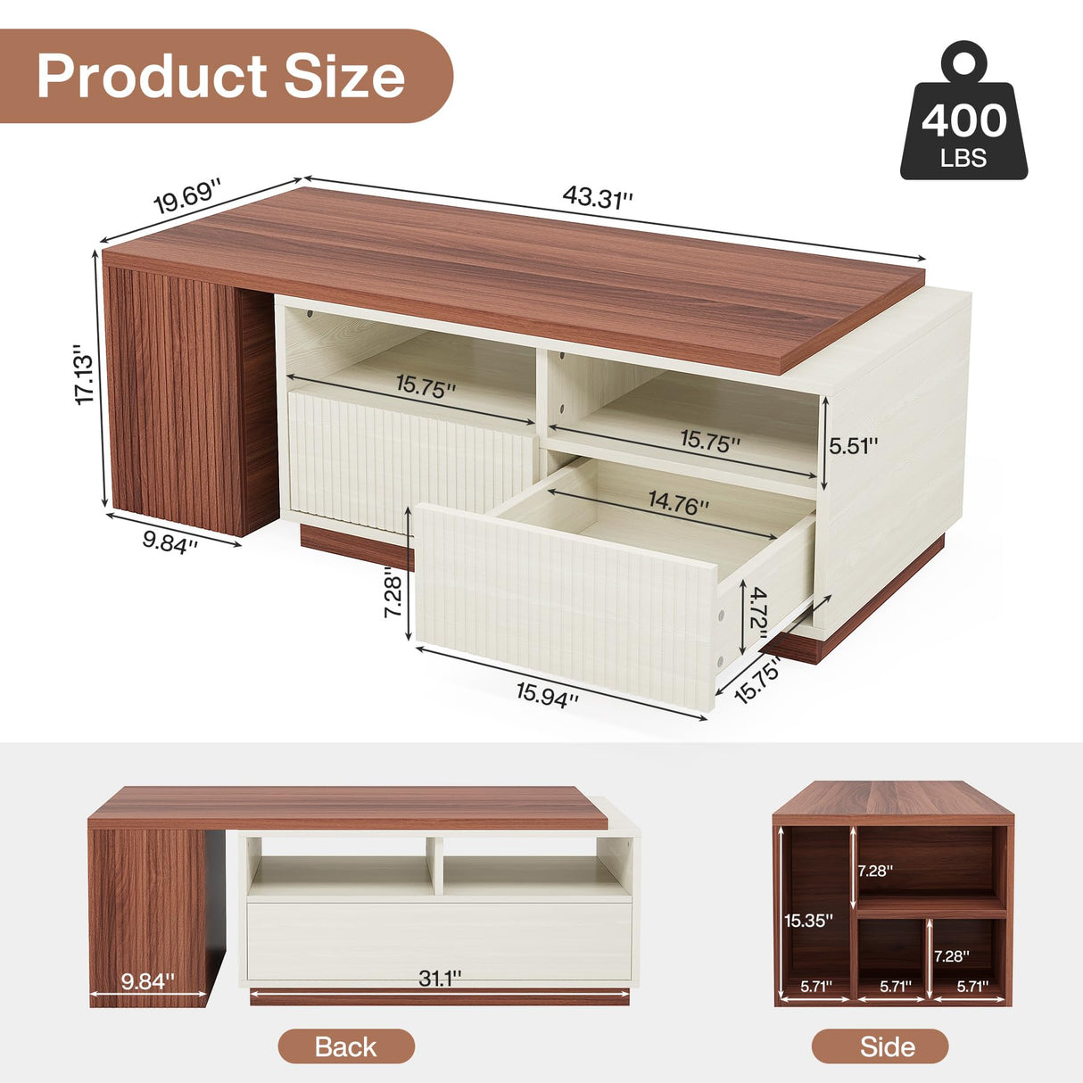 Tribesigns Extendable Coffee Table with 2 Storage Drawers, Reversible Living Room Table with Shelves and Adjustable Top, Large Center Table for Living Room, White/Walnut (43" to 75" Adjustable Length) Tribesigns