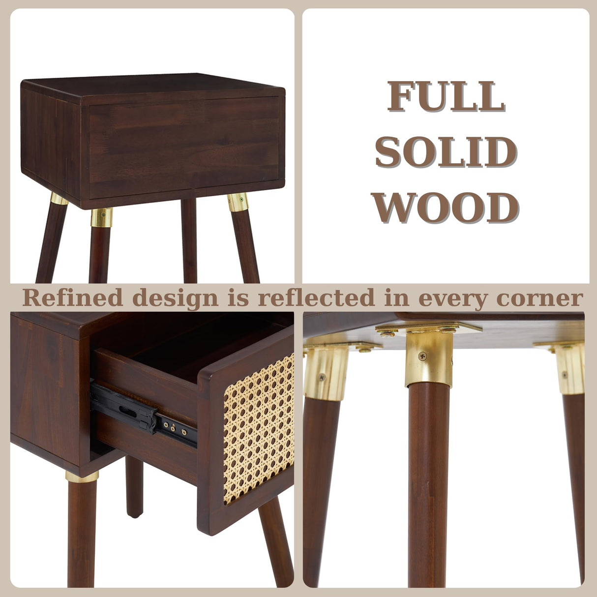 Bme Nipe Solid Wood and Rattan Boho Nightstand with Drawer, Walnut Finish Bme