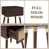 Bme Nipe Solid Wood and Rattan Boho Nightstand with Drawer, Walnut Finish Bme