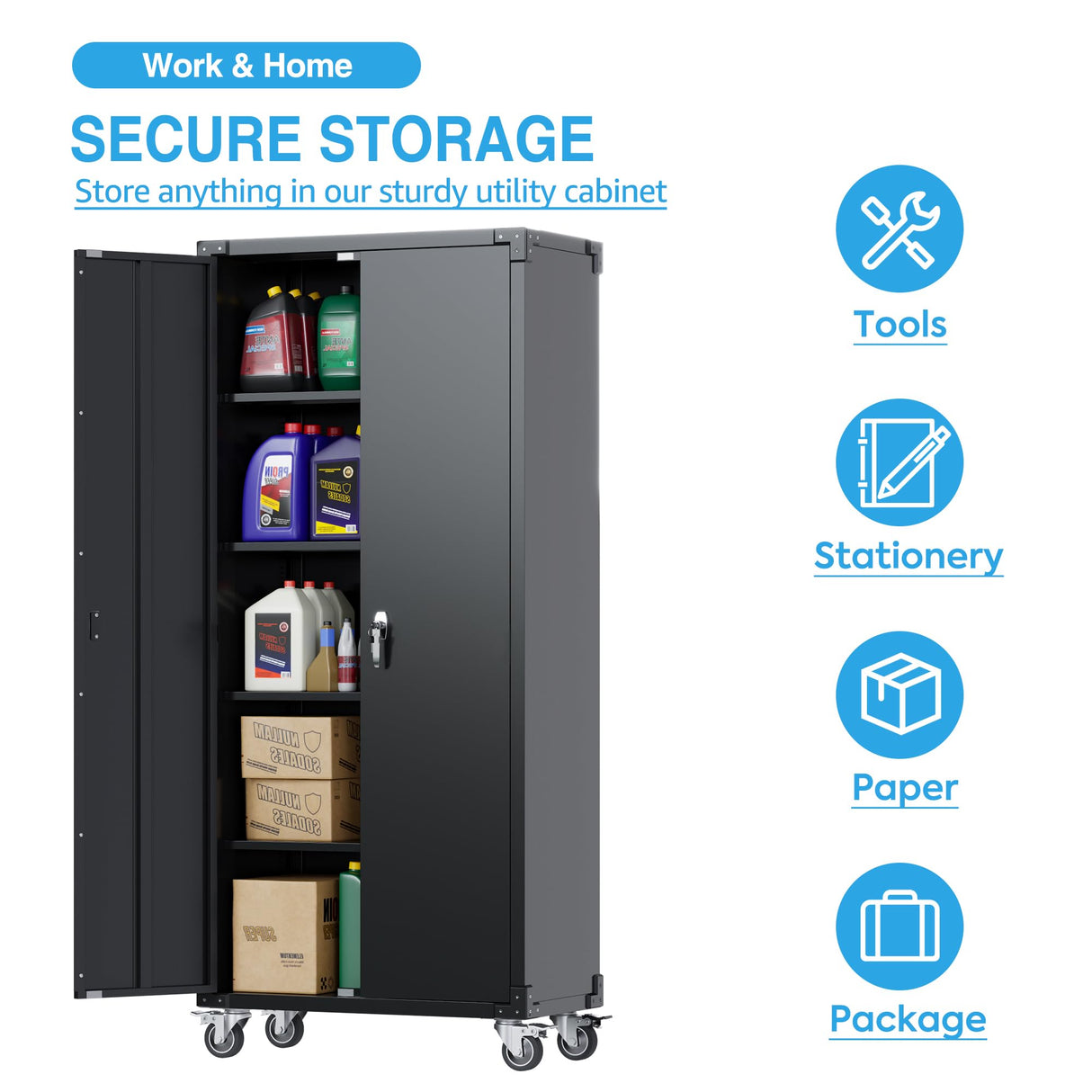 UINSOO 72" Tall Black Metal Storage Cabinet with Wheels, Rolling Storage Garage Cabinet with Adjustable Shelves and Door for Garage, Office, Kitchen, Laundry Room, Assembly Required UINSOO