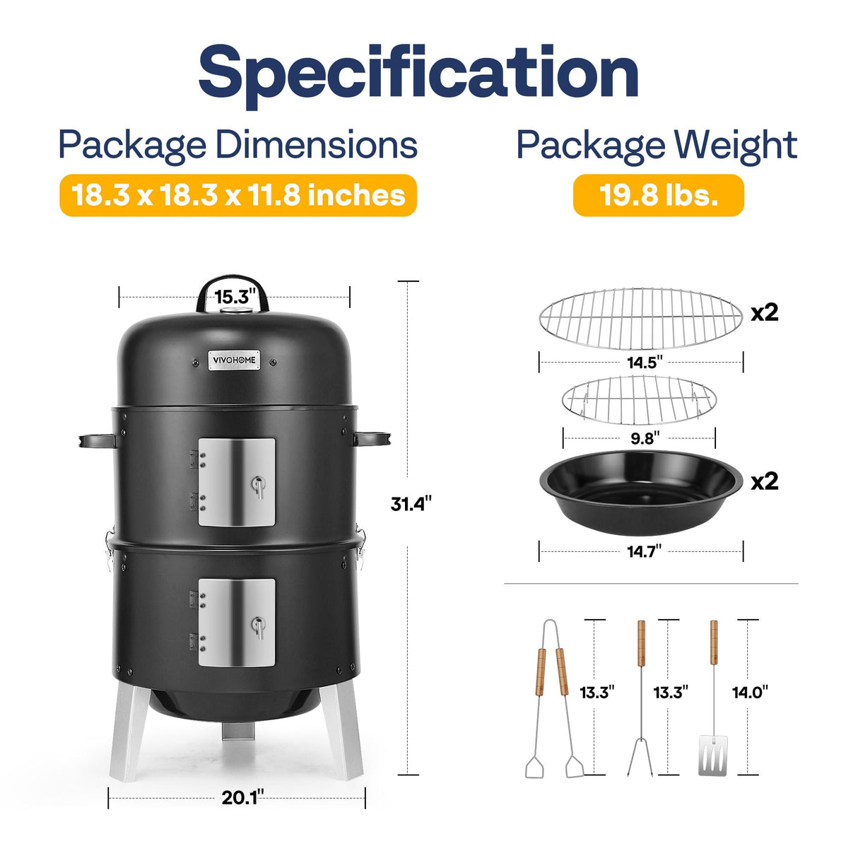 VIVOHOME 3-in-1 Vertical Charcoal Smoker, BBQ Smoker Grill with Built-in Thermometer, Air Vent, and 2 Access Doors, Idea for Parties, Backyard, Barbecues VIVOHOME