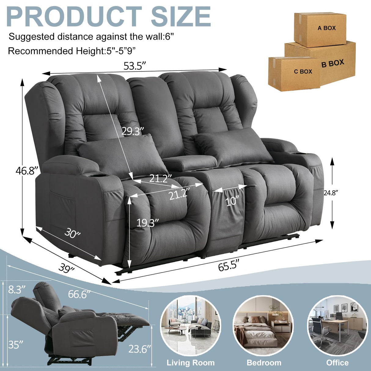 SAMERY 65.5" RV Loveseat Recliner Double Recliner RV Sofa & Console | Wall Hugger Loveseat Reclining RV | RV Theater Seats | RV Couch | RV Home Theater Seating Furniture (Fabric Gray) SAMERY