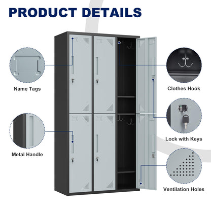 Yizosh Metal Lockers for Employees with Keys, 36" W Employees Locker Storage Cabinet with 6 Doors, 71" Tall Steel Storage Locker for Gym, School, Office (6 Door, Black Gray) - WoodArtSupply