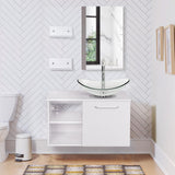 YOURLITE 28 Inch Floating Bathroom Vanity with Sink,White Modern Wall Mounted Bathroom Vanity and Tempered Glass Sink Combo with Mirror and Faucet and Pop-up Drain Set,Clear Boat Glass Sink YOURLITE