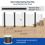 BLIKA Complete Set 36" Cable Railing Post Kit(Post 35"x2"x2"), Black Level Drilled Cable Railing Post, Swageless Deck Railing System Kit Include 4Pack Level Posts,1/8" Stainless Cable(No Handrail) BLIKA