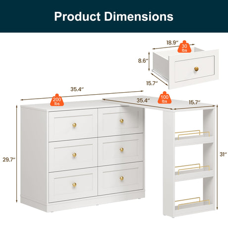 RoyalCraft Vanity Desk and Dresser Combo, 67" Extendable Makeup Vanity Table with Drawers and 3 Side Shelves, Wood Dressing Table for Bedroom, Dressing Room, White RoyalCraft