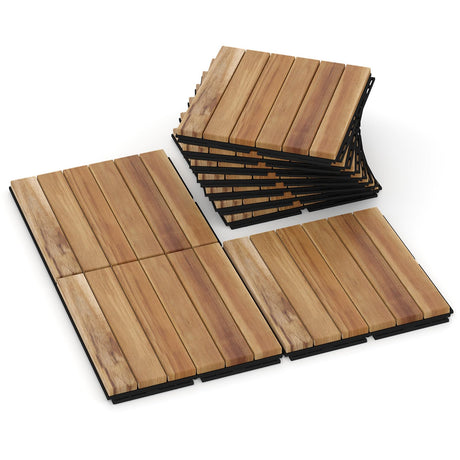 Rovibek 10PCS Deck Tiles, 12" x 12" Interlocking Deck Tiles Outdoor Waterproof, Acacia Wood Outdoor Deck Tiles All Weather for Balcony Poolside Backyard Outdoor Patio Flooring, Striped Yellow Rovibek