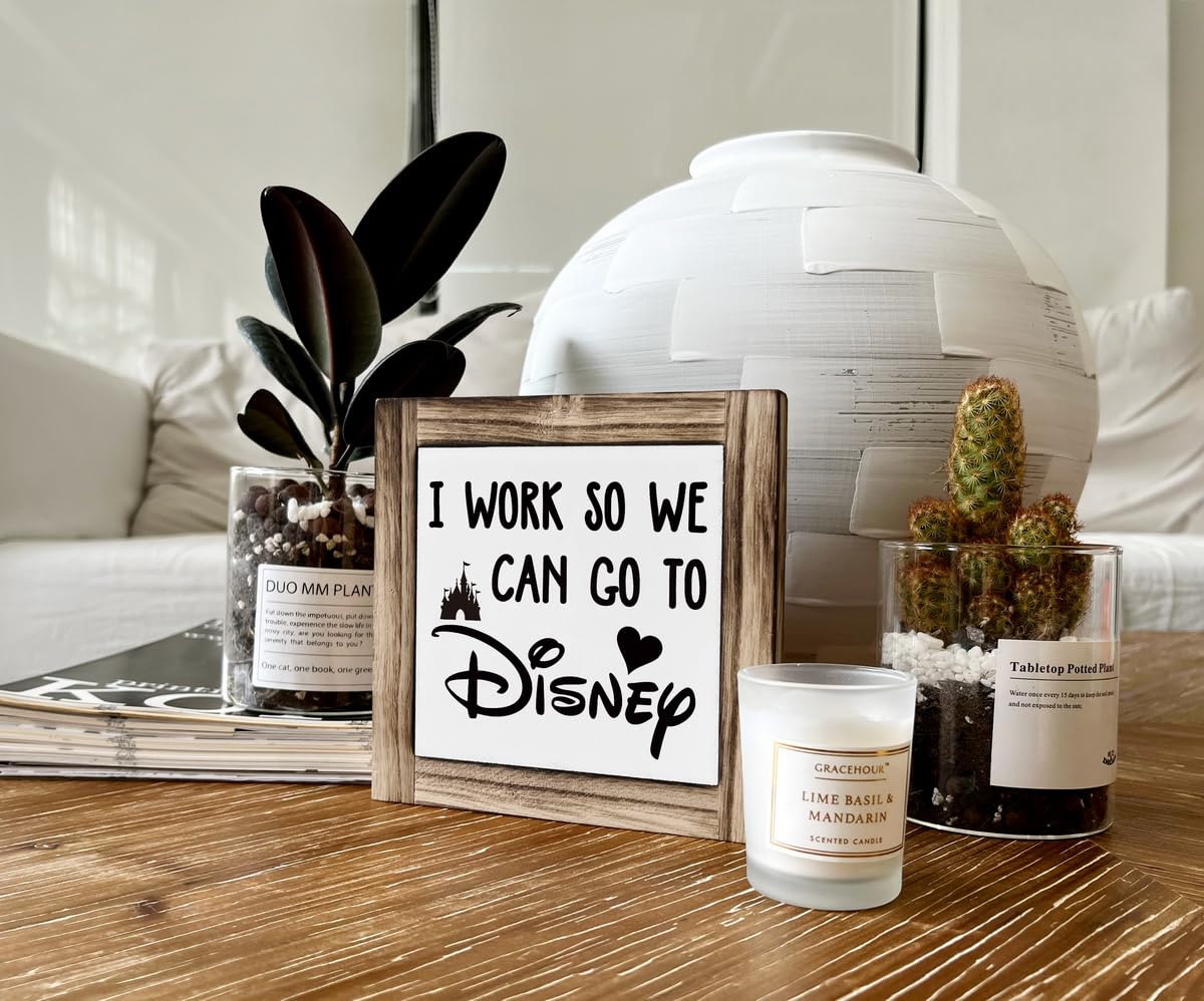 XJCUG Inspirational Wood Signs, Box Wood Plaques Desk Décor, Decorative Plaques and Signs, Rustic Office Decor Art, Motivational Office Desk Decor, Farmhouse Home Decor, I Work So We Can Go to Disney XJCUG