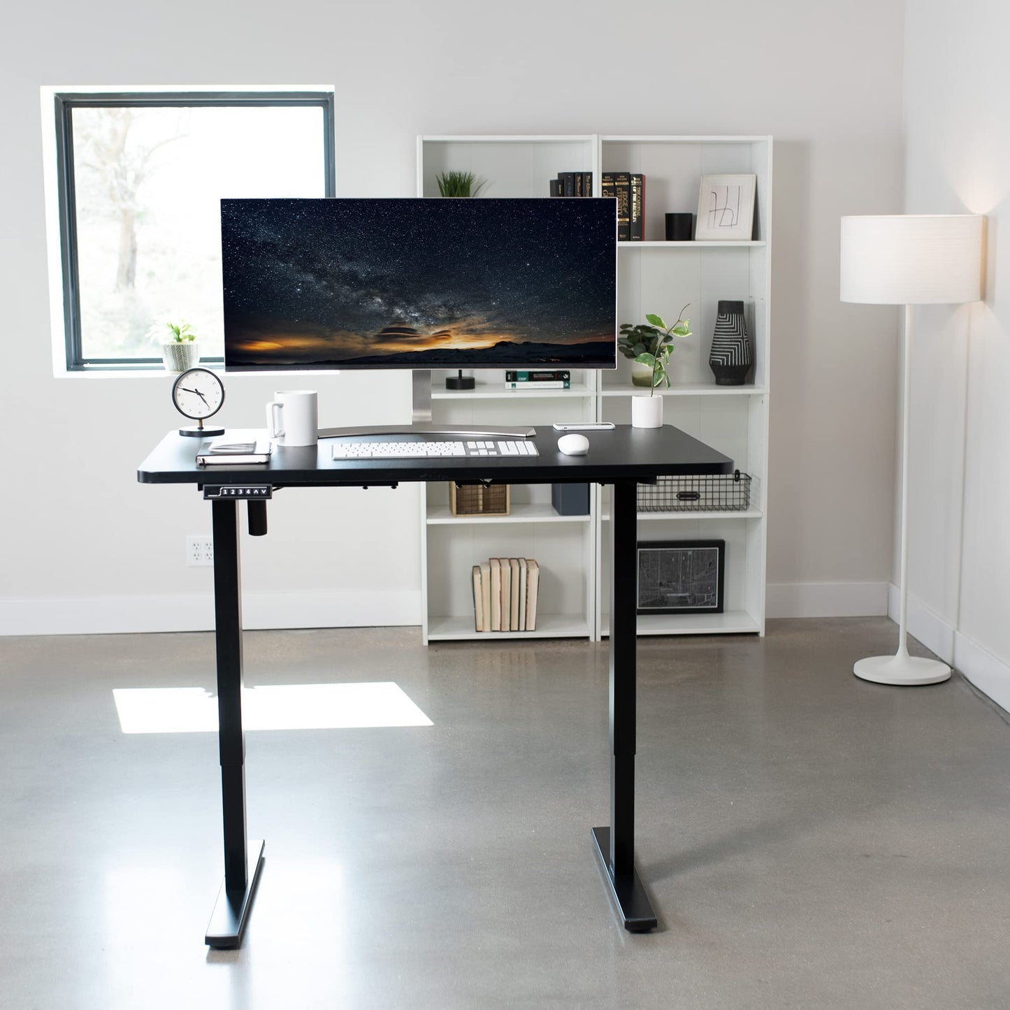 VIVO Electric Height Adjustable 48 x 30 inch Memory Stand Up Desk, Black Solid One-Piece Table Top, Black Frame, Standing Workstation with Preset Controller, 1B Series, DESK-KIT-1B5B - WoodArtSupply