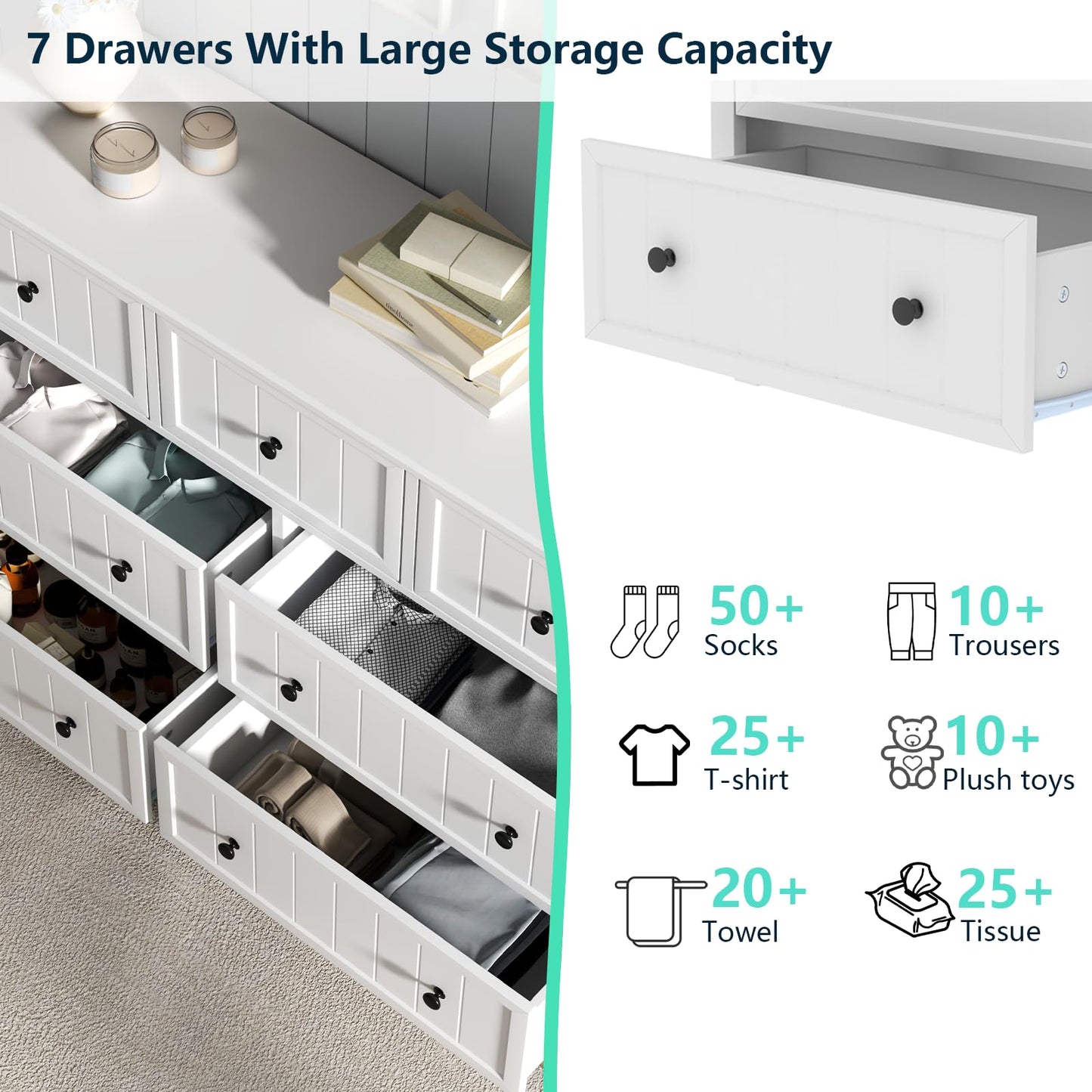 Farmhouse Dresser with 7 Drawers, White Dresser for Bedroom, Chest of Drawers, Modern Dresser for Closet, TV Stand with Large Drawers, Storage Dresser Organizer Clothes for Living Room, Hallway