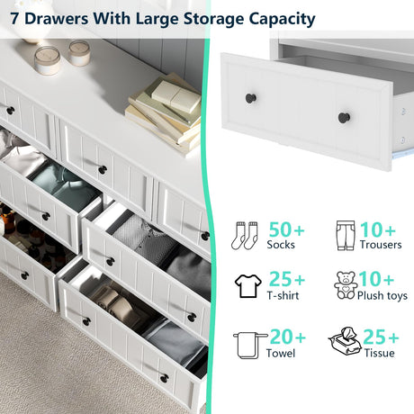 Farmhouse Dresser with 7 Drawers, White Dresser for Bedroom, Chest of Drawers, Modern Dresser for Closet, TV Stand with Large Drawers, Storage Dresser Organizer Clothes for Living Room, Hallway Gyfimoie