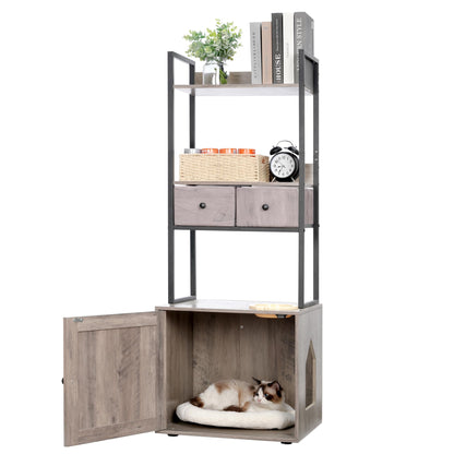 Hey-brother Litter Box Enclosure with 2 Storage Shelves and 2 Drawers, Large Hidden Cat Litter Box Furniture with Soft Cushion, Stores Most Litter Boxes and Cat Litter, Rustic Gray MPJ130SG