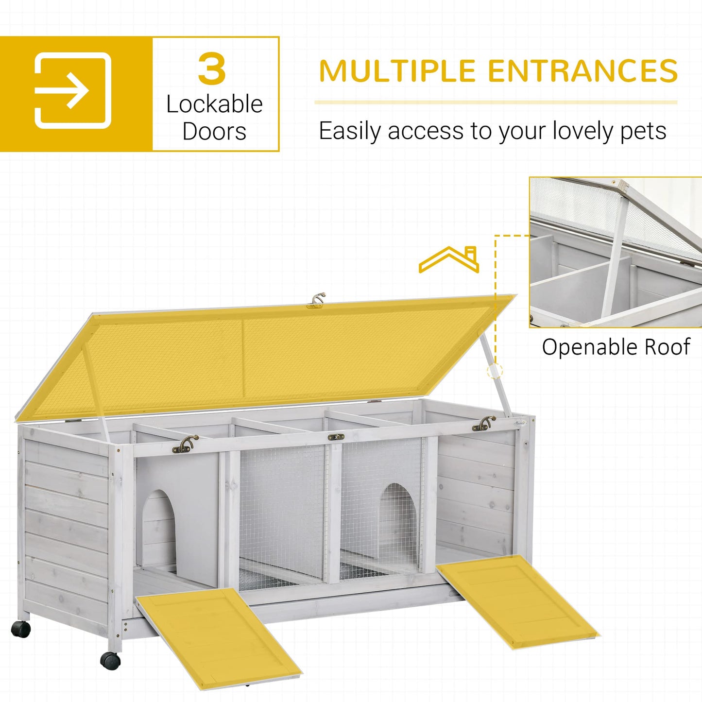 PawHut Wooden Rabbit Hutch, Bunny Cage with Wheels, Dividers, Openable Roof, Removable Trays, Small Animal Cages for 1-2 Rabbits, Indoor Outdoor Use, Light Gray - WoodArtSupply