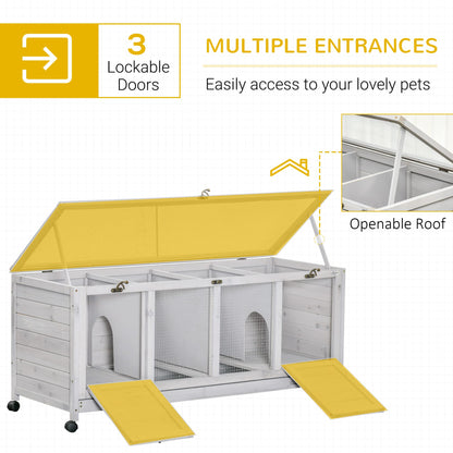 PawHut Wooden Rabbit Hutch, Bunny Cage with Wheels, Dividers, Openable Roof, Removable Trays, Small Animal Cages for 1-2 Rabbits, Indoor Outdoor Use, Light Gray - WoodArtSupply