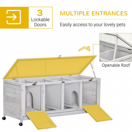PawHut Wooden Rabbit Hutch, Bunny Cage with Wheels, Dividers, Openable Roof, Removable Trays, Small Animal Cages for 1-2 Rabbits, Indoor Outdoor Use, Light Gray PawHut