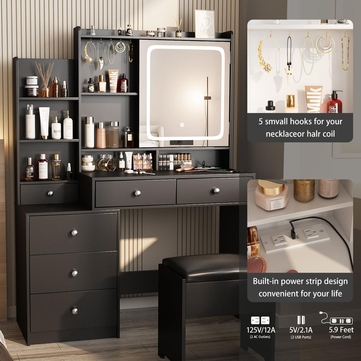 Vabches Vanity Makeup Mirror Desk with Stool,Makeup Vanity Set with 6 Drawers and Shelves,Vanity Table with Power Strip,Vanity Mirror 3 Lighting Color Adjustable,Black Vabches