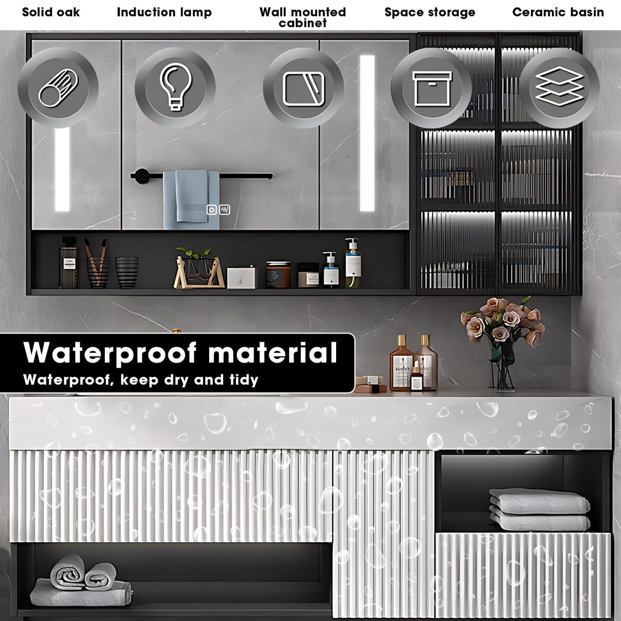 High QLO Bathroom Vanity -60'' Floating Bathroom Vanities with Sink Includes Striped Embossed Glass Door Cabinet & White Simple Unique Style | Marble Texture Design Countertop and Led Light High QLO