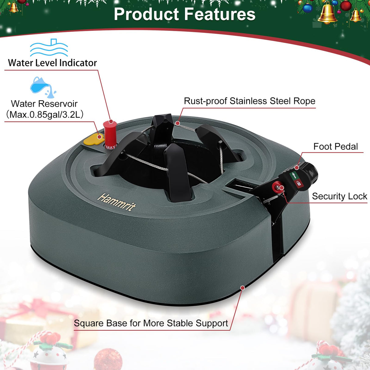 Christmas Tree Stand for Real Trees, Heavy Duty Live Christmas Tree Stand with Reservoirs, Fits Trees up to 7.5 Ft (1.2-5 In Diameter), No Assembly Required Real Christmas Tree Base Foot Press Hammrit