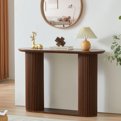 RUSTYER Fluted Console Table, Farmhouse Oval Curved Entryway Table with Storage and Fluted Wood Legs, Narrow Small Long Entry Sofa Table for Entrance, Hallway, Living Room (Walnut)