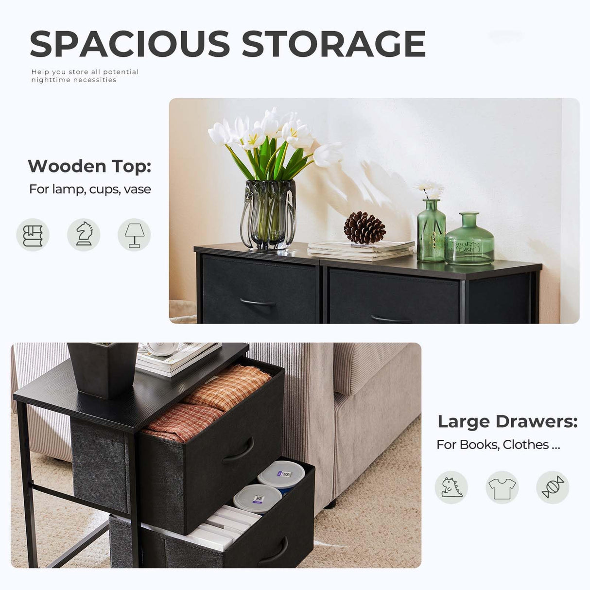 Night Stand Set of 2, Wide NightStands with 2 Drawers, Mid Century Small Nightstand with Adjustable Feets, Portable Bedside Table Set for Living Room, Entryway, Bed Room, Black (2PCS) WoodArtSupply